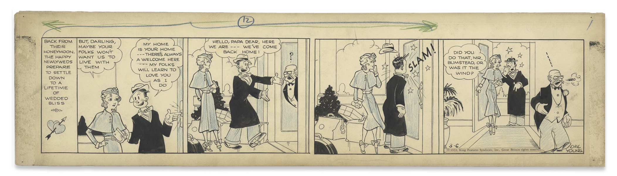 Chic Young Hand-Drawn ''Blondie'' Comic Strip From 1933 Titled ''Caught on the Draft'' -- Blondie & Dagwood's First Strip as a Married Couple at Home